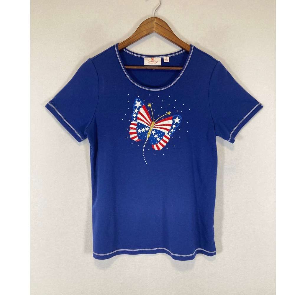 Patriotic Americana Quacker Factory Womens Size S Blue Butterfly Rhinestone Tee